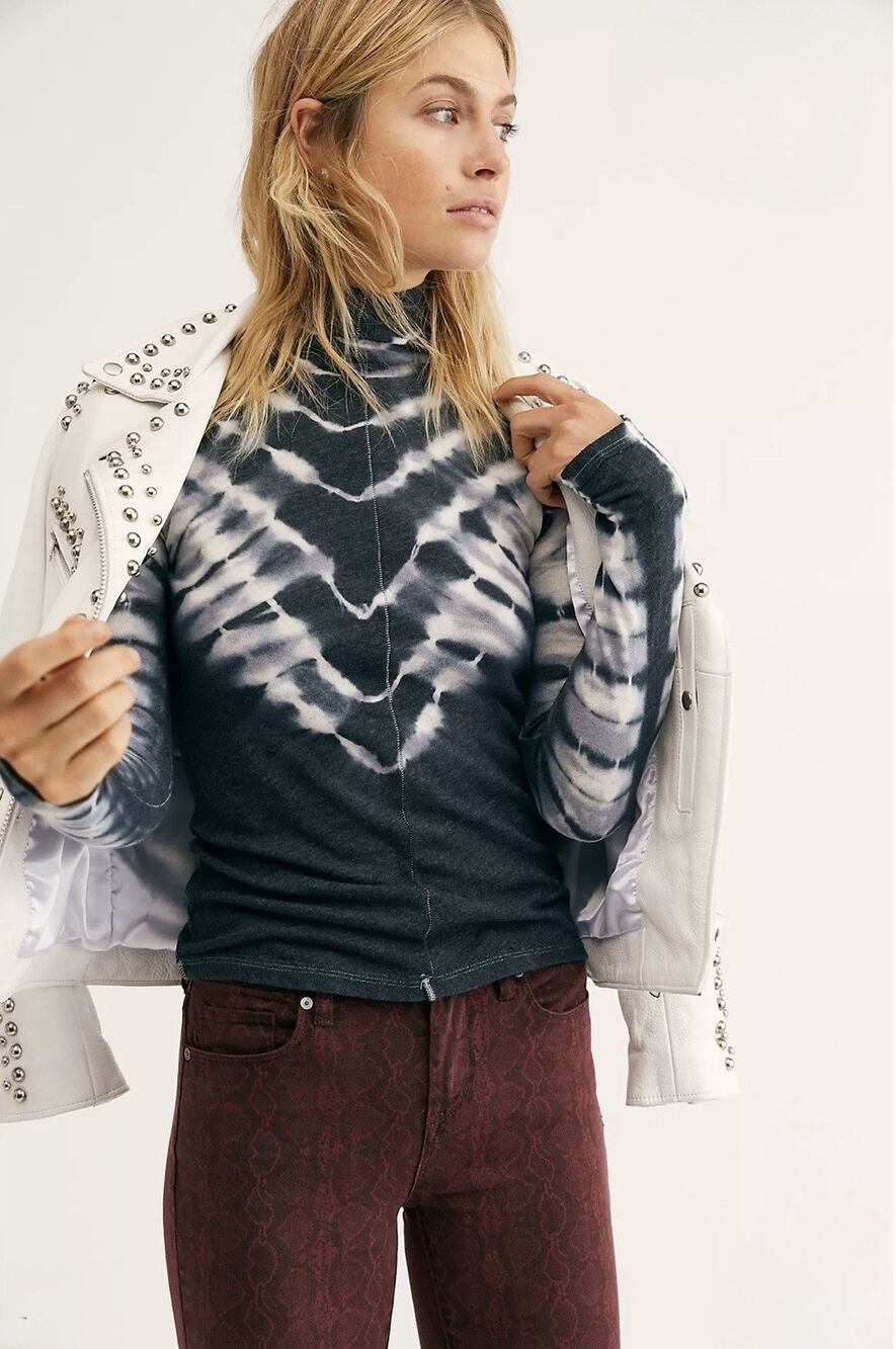 We The Free People Psychedelic Turtleneck Top - Medium Navy, Tie-Dye Artsy Boho